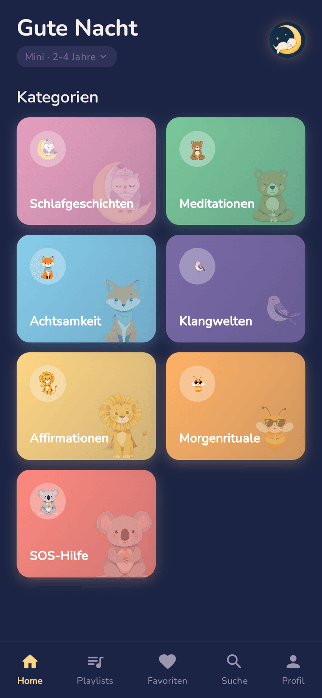 Nimola-App: Startbildschirm mit sieben Kategorien, jede mit eigenem Maskottchen