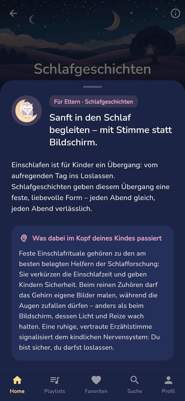 Nimola-App: Schlafgeschichten-Bereich mit liebevollen Hinweisen für Eltern