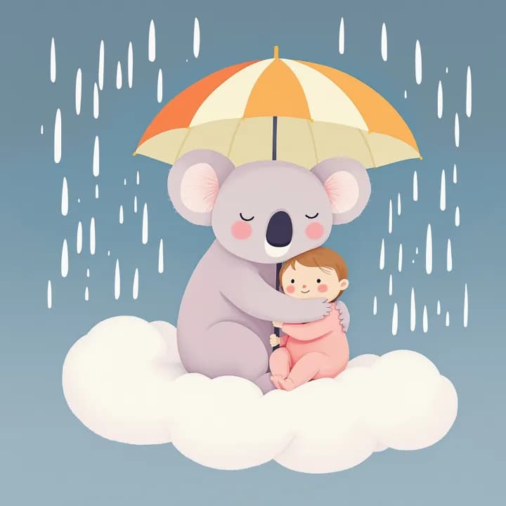 Illustration: ein Koala hält ein weinendes Kind unter einem Regenschirm auf einer Wolke