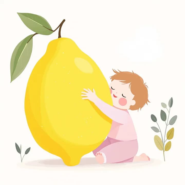 Illustration: ein Kleinkind umarmt eine riesige Zitrone